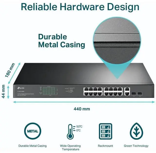Alt view image 5 of 20 - TP-Link TL-SG1218MP | 16 Port Gigabit PoE Switch | 16 PoE+ Ports @250W, w/ 2 Uplink Gigabit Ports + 2 Combo SFP Slots | Plug & Play | Sturdy Metal | Rack-mountable