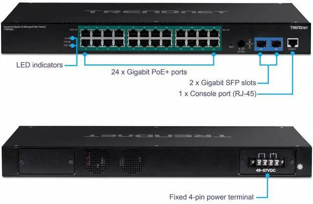 Alt view image 5 of 6 - TRENDnet 26-Port Industrial Gigabit L2 Managed PoE+ Switch, TI-RP262i, 1U 19" Rackmount, 24 x Gigabit PoE+ Ports, 2 x SFP Slots (100/1000Base-FX), IP30, VLAN, QoS, 685W PoE Power Budget, Fanless