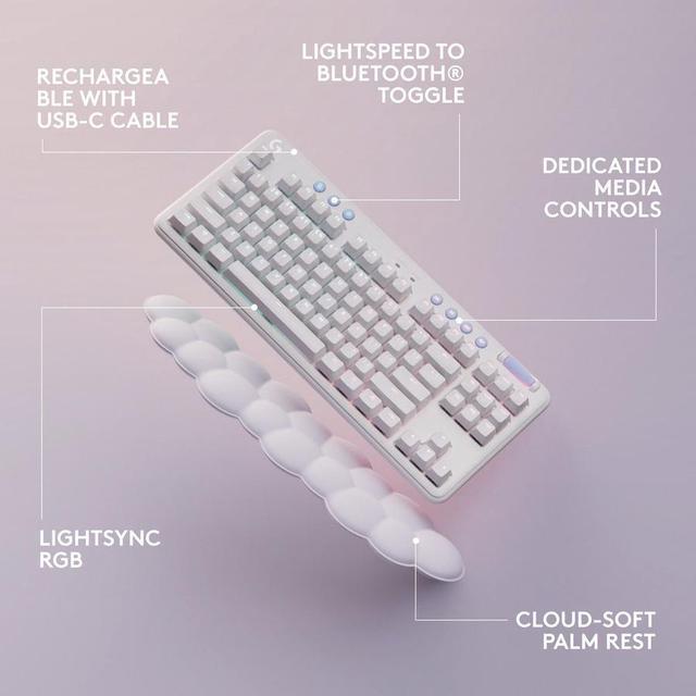 Alt view image 6 of 20 - Logitech G715 Wireless Mechanical Gaming Keyboard with LIGHTSYNC RGB Lighting, Lightspeed, Tactile Switches (GX Brown), and Keyboard Palm Rest, PC and Mac Compatible, White Mist