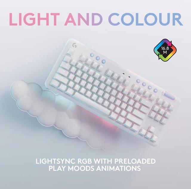Alt view image 7 of 9 - Logitech G715 Wireless Mechanical Gaming Keyboard with LIGHTSYNC RGB Lighting, Lightspeed, Clicky Switches (GX Blue), and Keyboard Palm Rest, PC and Mac Compatible, White Mist