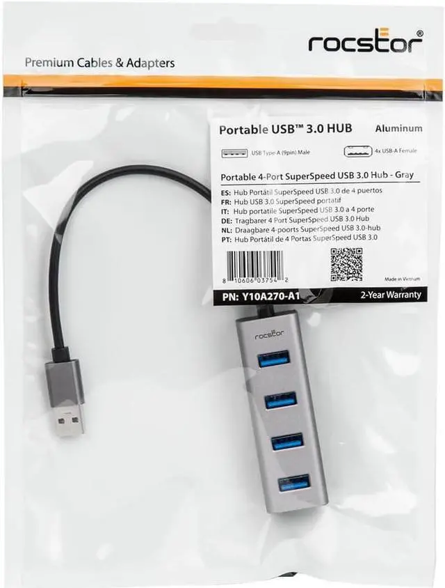 Alt view image 4 of 7 - Rocstor Portable 4 Port Hub USB-A to 4x USB-A SuperSpeed USB 3.0 - USB 3.0 Type A - External - 4 USB Port(s) - 4 USB 3.0 Port(s) - PC, Mac