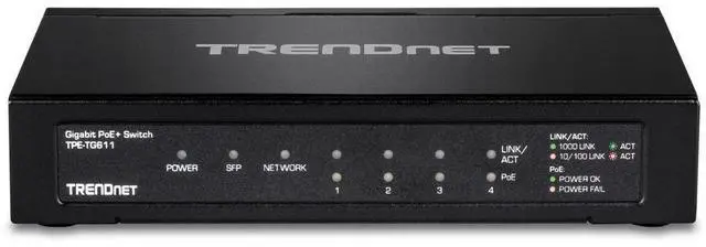 Alt view image 20 of 20 - TRENDnet 6-port Gigabit Poe+ Switch, TPE-TG611, 4 X Gigabit Poe+ Ports, 1 X Gigabit Port, 1 X SFP Slot, Supports 100/1000Base-FX Fiber SFP Modules, Ethernet Desktop Network Switch