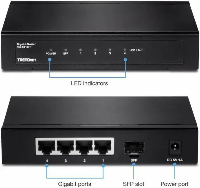 Alt view image 8 of 16 - TRENDNET INC TEG-S51SFP REAR PORT 4-PORT GIGABIT SWITCH WITH SFP SLOT (METAL),LIMITED LIFETIME WARRANTY