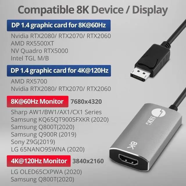 Alt view image 8 of 14 - SIIG DisplayPort 1.4 to HDMI Adapter 8K 60Hz Male to Female CB-DP2611-S1