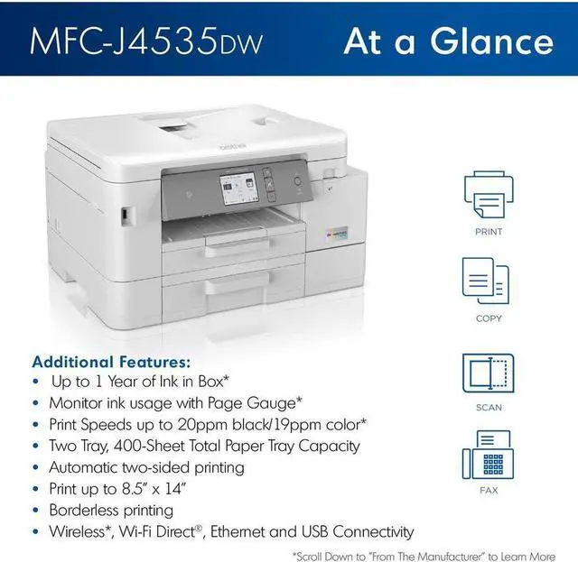 Alt view image 8 of 20 - Brother MFCJ4535DW Up to 20 ppm Black Print Speed Wireless 802.11 b/g/n InkJet MFC / All-In-One Color Printer