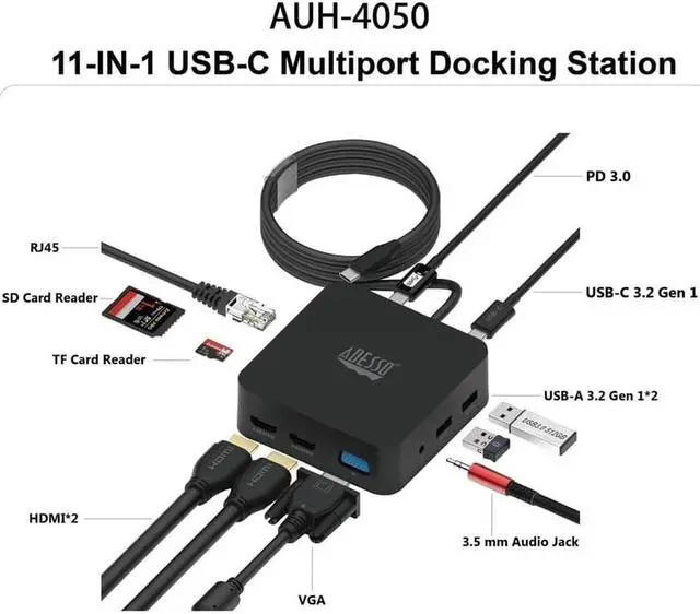 Alt view image 6 of 18 - Adesso 11-in-1 USB-C Multi-Port TAA Compliant Docking Station Black AUH4050