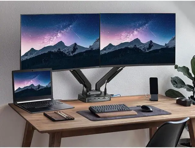 Alt view image 6 of 18 - SIIG Dual Gas Spring Monitor Arm Desk Mount with 4K Docking Station & PD - Unique Dual Moniter Desk Mount and Docking Station combo design, gives you dual-display visuals and multiple peripheral c