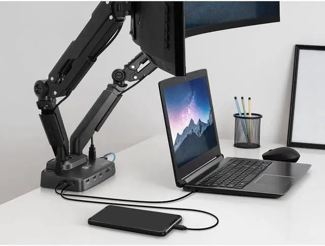 Alt view image 7 of 18 - SIIG Dual Gas Spring Monitor Arm Desk Mount with 4K Docking Station & PD - Unique Dual Moniter Desk Mount and Docking Station combo design, gives you dual-display visuals and multiple peripheral c
