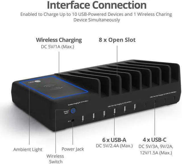 Alt view image 15 of 20 - SIIG 10-Port USB-A/C & Wireless Charging Station 150W ACPW1R11S1