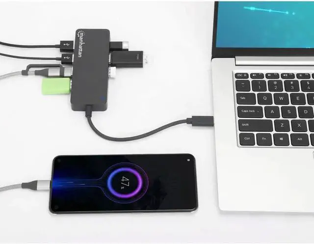 Alt view image 2 of 13 - Manhattan 7-Port USB 3.2 Gen 1 Type-C Hub - for Tablet/Notebook/Desktop PC/Keyboard/Mouse/Flash Drive - USB Type C - 7 x USB Type-A Ports - USB Type-A - 1 x USB Type-C Ports - USB Type-C - Black - Wir