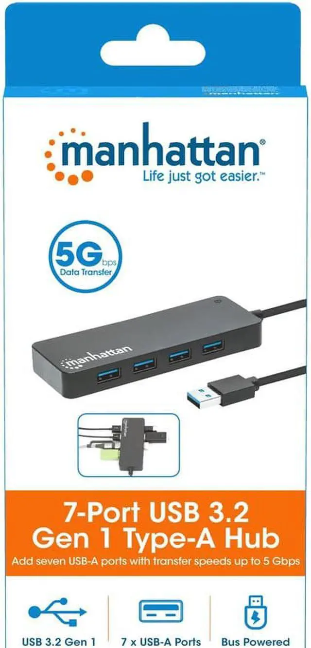 Alt view image 6 of 9 - Manhattan 7-Port USB 3.2 Gen 1 Type-A Hub - for Tablet/Notebook/Desktop PC/Keyboard/Mouse/Flash Drive - USB 3.2 (Gen 1) Type A - 7 x USB Ports - 7 x USB Type-A Ports - USB Type-A - Black - Wired - Win