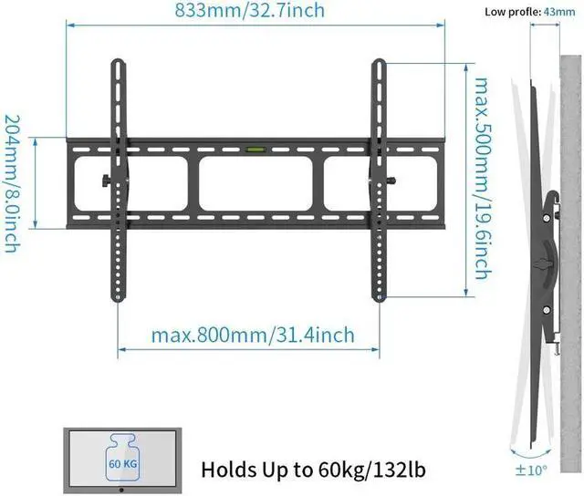 Alt view image 12 of 16 - Heavy Duty Low Profile Tilting Flat Panel Wall Mount, Max Panel Weight 60kg Designed for Most of 40-100 inch LED, LCD, OLED Flat Panels, Supports up to VESA 800x500mm BIGASSMOUNT60T Amer Mounts
