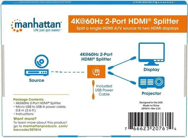 Alt view image 7 of 15 - Manhattan 4K@60Hz 2-Port HDMI Splitter with Downscaling - 3840 ? 2160 - 600 MHzMaximum Video Bandwidth - 1 x HDMI In - 2 x HDMI Out - Plastic