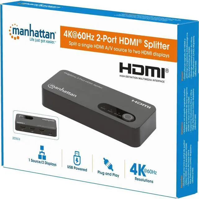 Alt view image 6 of 15 - Manhattan 4K@60Hz 2-Port HDMI Splitter with Downscaling - 3840 ? 2160 - 600 MHzMaximum Video Bandwidth - 1 x HDMI In - 2 x HDMI Out - Plastic
