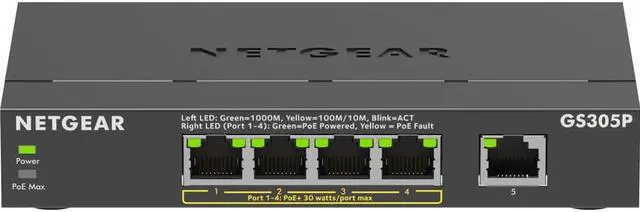 Alt view image 5 of 16 - NETGEAR GS305P Ethernet Switch - 5 Ports - Gigabit Ethernet - 2 Layer Supported - 66.78 W Power Consumption - 63 W PoE Budget - PoE Ports - Desktop, Wall Mountable - 3 Year Limited Warranty
