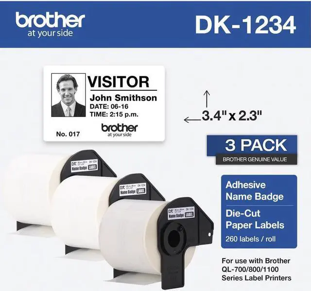 Alt view image 15 of 19 - Brother DK-1234 Adhesive Name Badge Paper Labels 3-4/10" x 2-3/10" Black on White 260 Labels/Roll 3 Rolls/Box (DK-12343PK)