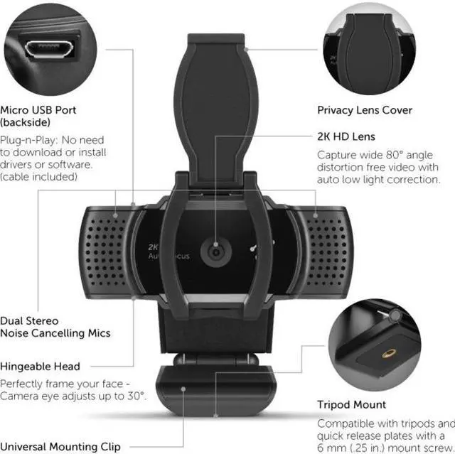 Alt view image 10 of 15 - Aluratek AWC2KF Video Conferencing Camera - 5 Megapixel - 30 fps - Black, Gray - USB 2.0 - 2592 x 1944 Video - CMOS Sensor - Auto-focus - Microphone - Computer, Notebook