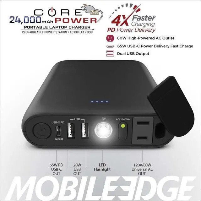 Alt view image 4 of 13 - Mobile Edge CORE Power 24,000mAh AC/USB Laptop Power Charger