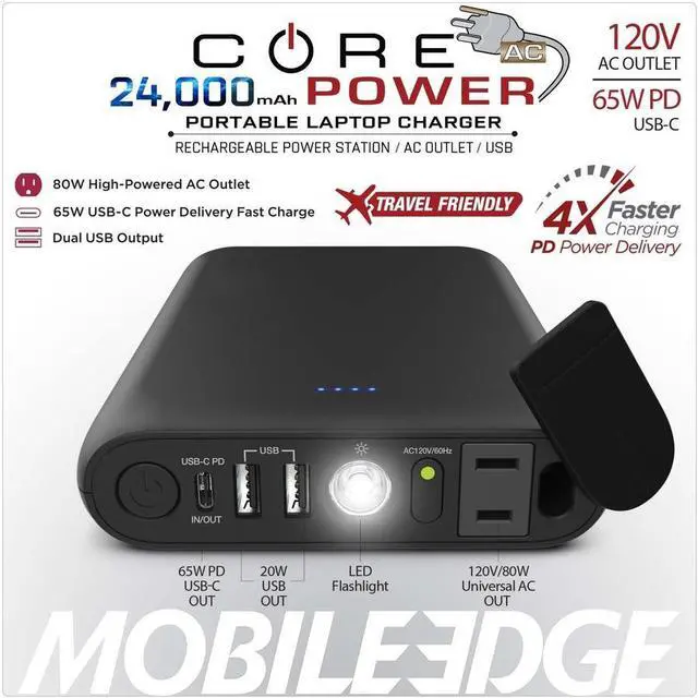 Alt view image 7 of 13 - Mobile Edge CORE Power 24,000mAh AC/USB Laptop Power Charger