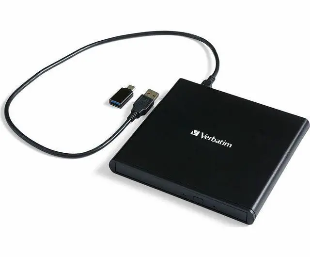 Main image of Verbatim Slim External Burner CD/DVD +/-RW Optical Drive USB 2.0 with USB A to USB C Adapter and M-DISC Support - Mac & PC Compatible Model 98938