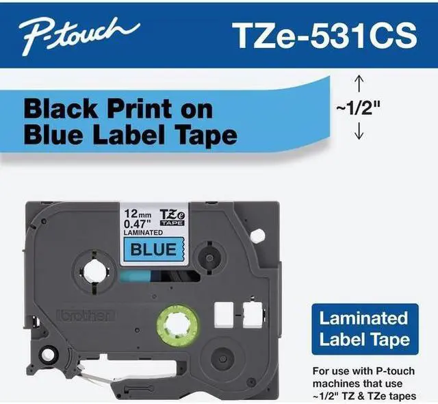 Alt view image 7 of 13 - Brother P-touch TZe-531CS Laminated Label Maker Tape 1/2" x 26-2/10' Black on Blue (TZe-531CS) TZE531CS