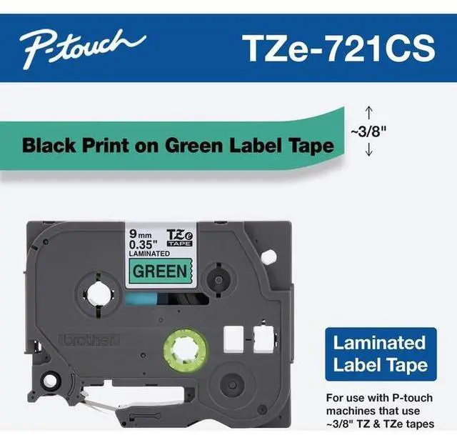 Alt view image 14 of 19 - Brother P-touch TZe-721CS Laminated Label Maker Tape 3/8" x 26-2/10' Black on Green (TZe-721CS) TZE721CS