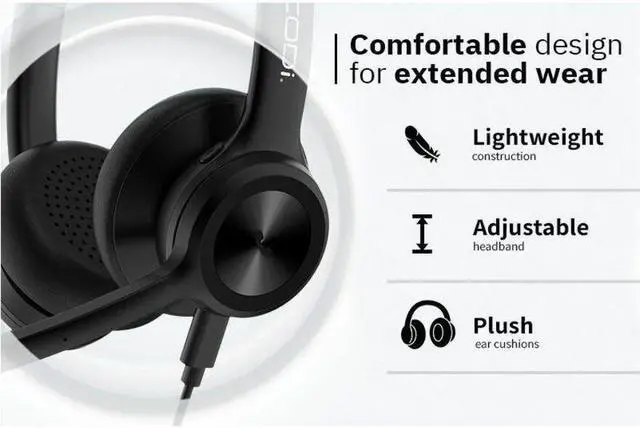 Alt view image 3 of 8 - CODi CLARO Wired Stereo Dual Ear Headset w/ AI ENC Microphone - Stereo - USB Type C - Wired - Over-the-head - Binaural - Supra-aural - Noise Cancelling Microphone - Black