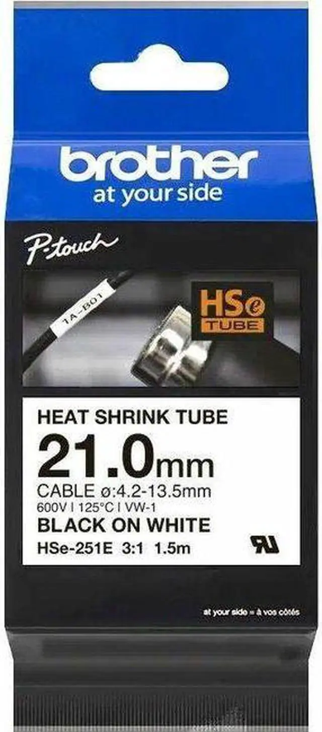 Main image of Brother HSe-251E Heat Shrink Tube Tape Cassette - Black on White, 21.0mm wide - 45/64" Width x 59 1/16" Length - Black on White - Heat-shrinkable, Easy to Read, Durable, Non-adhesive