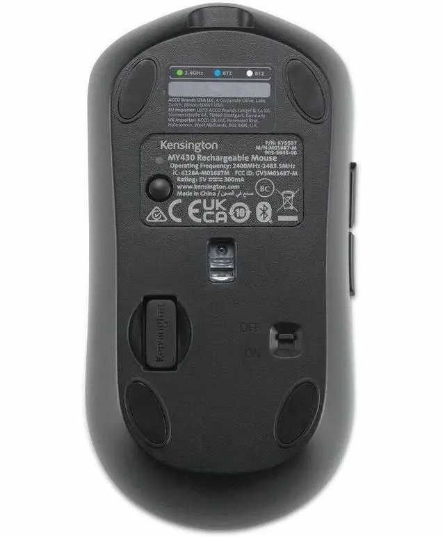 Alt view image 3 of 10 - Kensington MY430 Mouse - Optical - Wireless - Bluetooth - 2.40 GHz - Rechargeable - USB - 2400 dpi - 6 Button(s) - 5 Programmable Button(s)