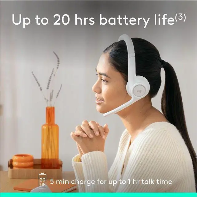 Alt view image 7 of 14 - Logitech Zone 300 Wireless Bluetooth Headset With Noise-Canceling Microphone, Compatible with Windows, Mac, Chrome, Linux, iOS, iPadOS, Android (Off-white