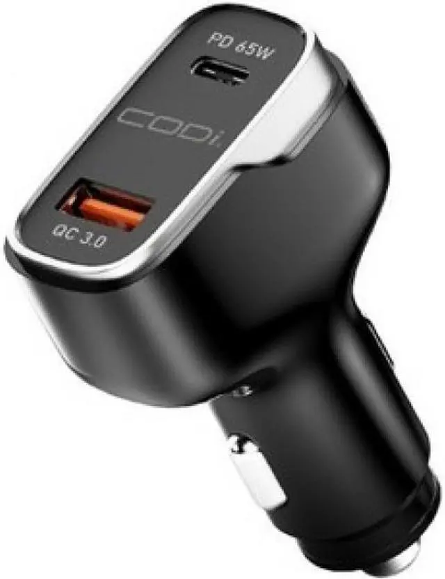 Alt view image 3 of 3 - Codi A01111 Black/Silver 65W Dual Port Car Charger, USB-C & USB-A Outputs