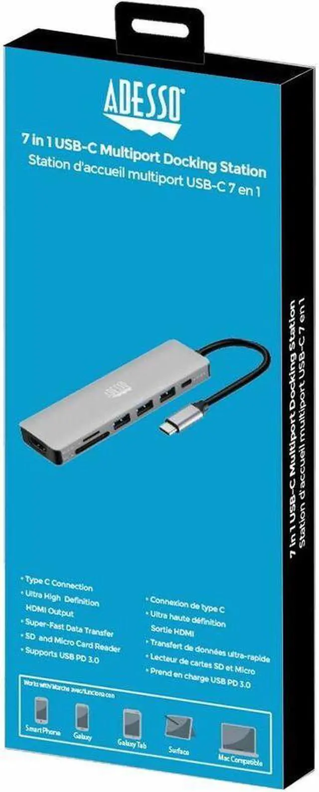Alt view image 2 of 16 - Adesso AUH-4025 Docking Station - for Notebook/Flash Drive/Memory Card Reader/Monitor/Tablet/Smartphone - Charging Capability - Memory Card Reader - SD, TransFlash - USB Type C - 2 Displays Supported