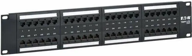 Main image of Eaton Tripp Lite Series 48-Port Cat6 Patch Panel - 4PPoE Compliant, 110/Krone, 568A/B, RJ45 Ethernet, 2U Rack-Mount, Black, TAA - 48 Port(s) - 48 x RJ-45 - 2U High - Category 6, Category 5e, Category