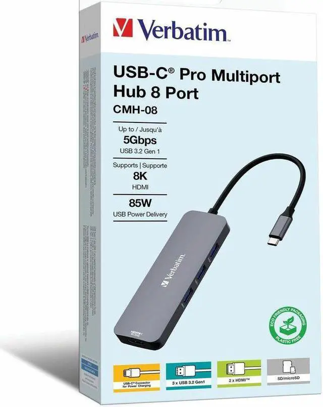 Alt view image 4 of 12 - Verbatim USB-C Pro Multiport Hub CMH 08 - 8 Ports - for Notebook - Charging Capability - Memory Card Reader - SD, microSD - USB Type C - 4 x USB Ports - 3 x USB Type-A Ports - USB Type-A -