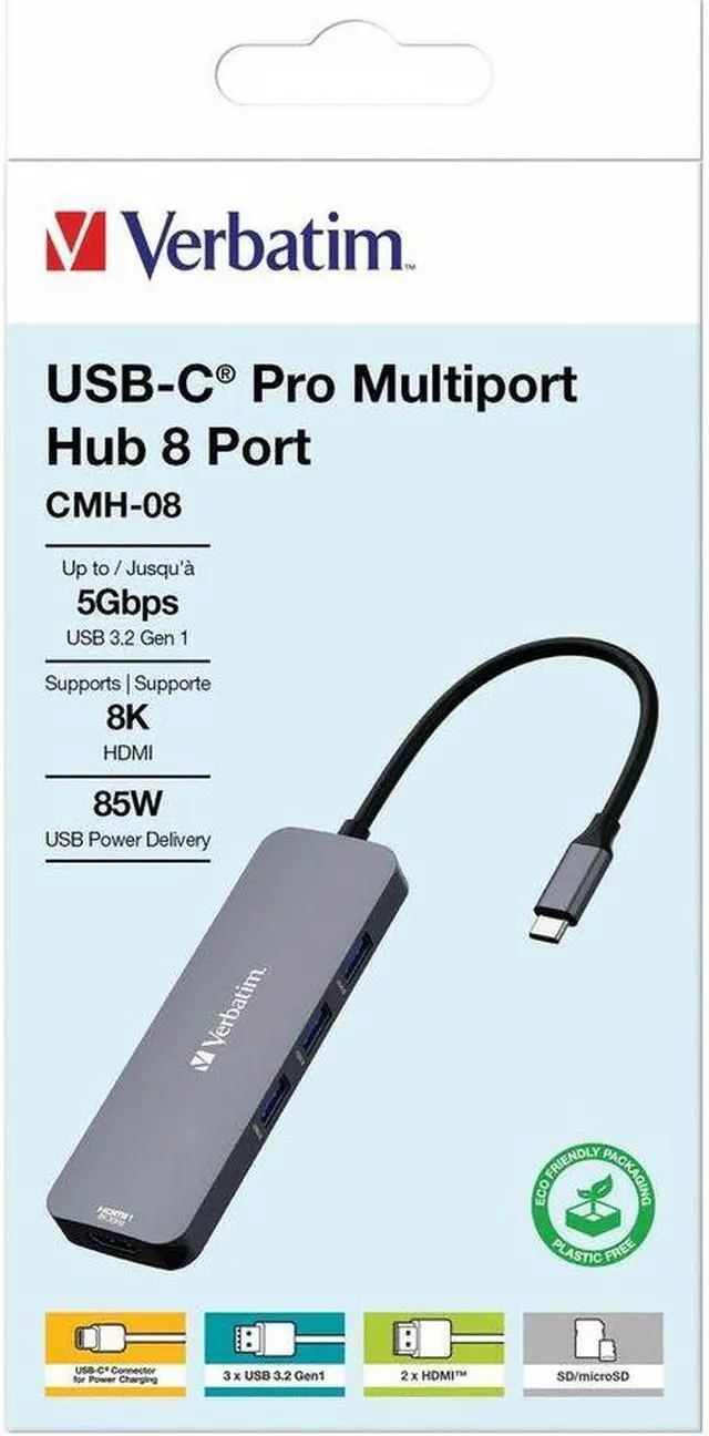 Alt view image 2 of 12 - Verbatim USB-C Pro Multiport Hub CMH 08 - 8 Ports - for Notebook - Charging Capability - Memory Card Reader - SD, microSD - USB Type C - 4 x USB Ports - 3 x USB Type-A Ports - USB Type-A -