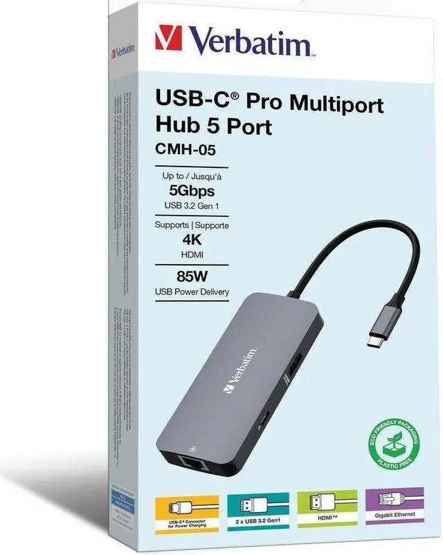 Alt view image 7 of 12 - Verbatim USB-C Pro Multiport Hub CMH 05 - 5 Ports - for Notebook/Monitor/Desktop PC - Charging Capability - USB Type C - 4K - 3840 x 2160 - 3 x USB Ports - 2 x USB Type-A Ports - USB Type-A