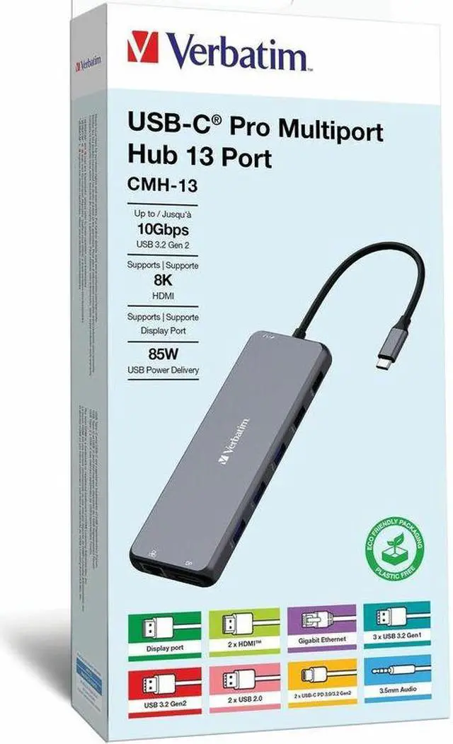 Alt view image 7 of 12 - Verbatim USB-C Pro Multiport Hub CMH 13 - 13 Ports - for Monitor/Headphone/Speaker - Charging Capability - Memory Card Reader - SD, microSD - USB Type C - 3 Displays Supported - 4K, 8K - 38