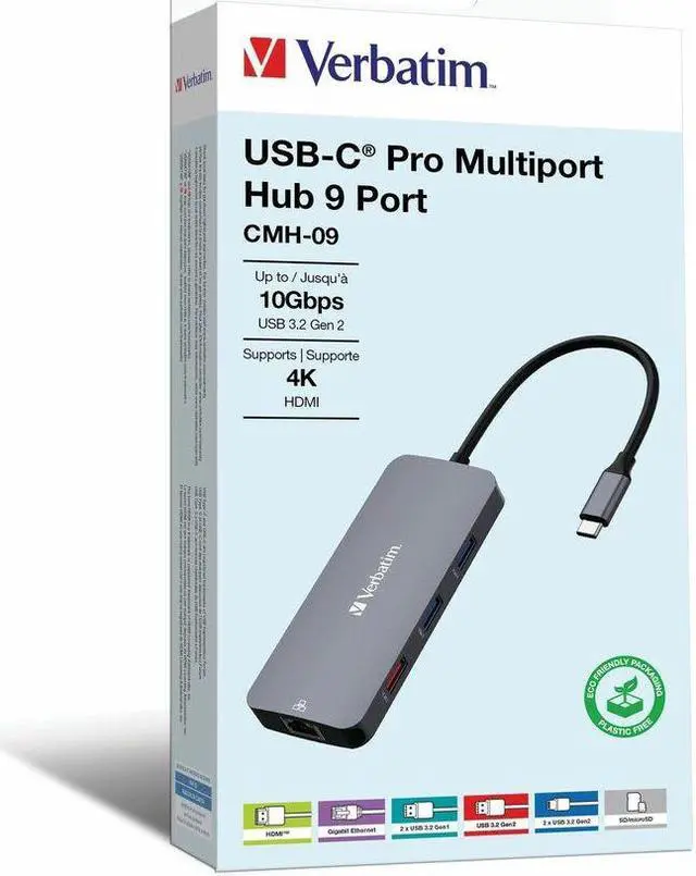Alt view image 4 of 12 - Verbatim USB-C Pro Multiport Hub CMH 09 - 9 Ports - for Notebook - Charging Capability - Memory Card Reader - SD, microSD - USB Type C - 4K - 3840 x 2160 - 5 x USB Ports - 3 x USB Type-A Po