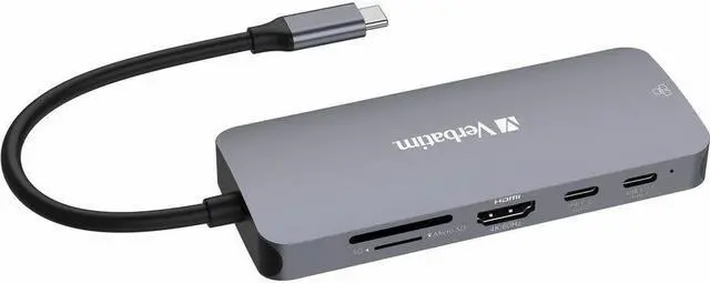 Alt view image 6 of 12 - Verbatim USB-C Pro Multiport Hub CMH 09 - 9 Ports - for Notebook - Charging Capability - Memory Card Reader - SD, microSD - USB Type C - 4K - 3840 x 2160 - 5 x USB Ports - 3 x USB Type-A Po