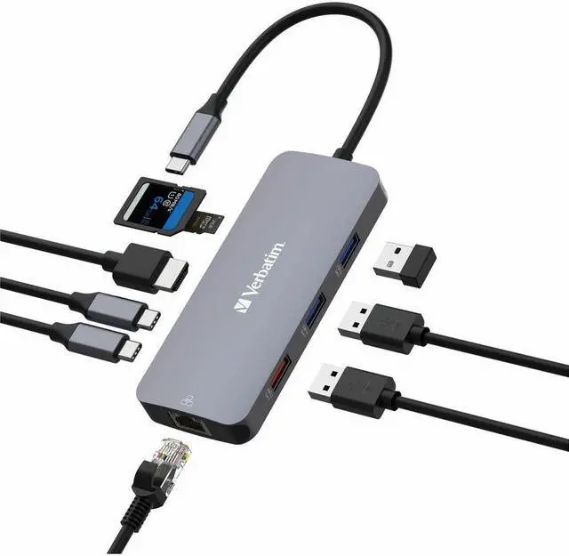 Alt view image 5 of 12 - Verbatim USB-C Pro Multiport Hub CMH 09 - 9 Ports - for Notebook - Charging Capability - Memory Card Reader - SD, microSD - USB Type C - 4K - 3840 x 2160 - 5 x USB Ports - 3 x USB Type-A Po