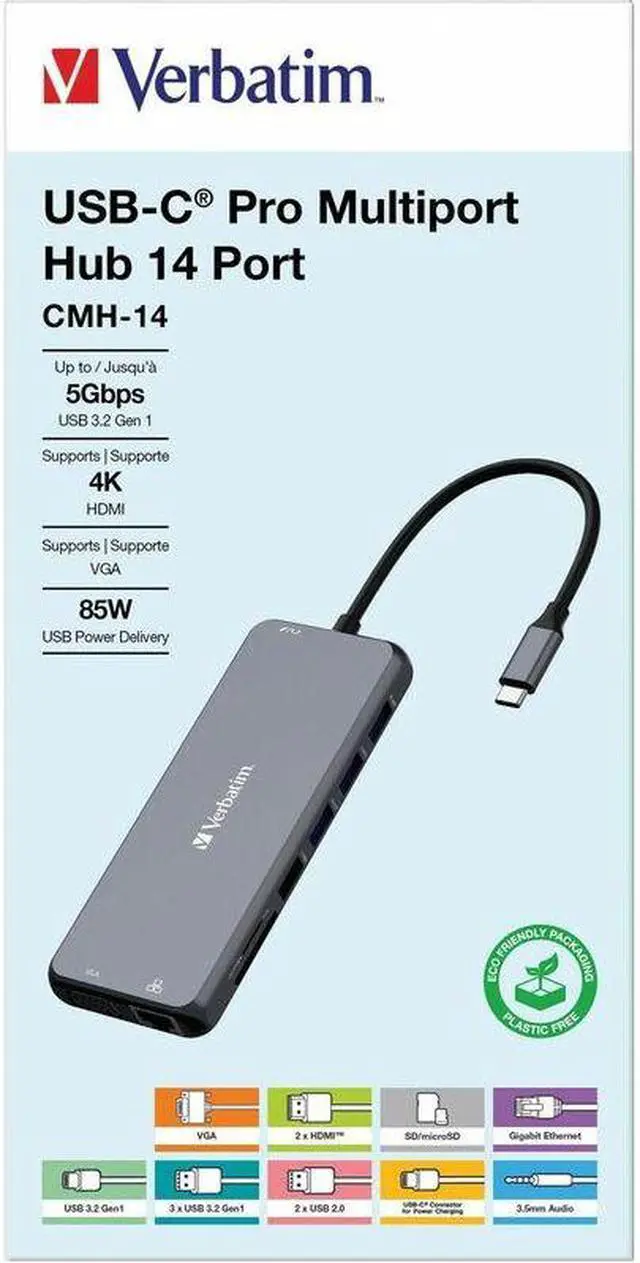 Alt view image 4 of 12 - Verbatim USB-C Pro Multiport Hub CMH 14 - 14 Ports - for Monitor - Charging Capability - Memory Card Reader - SD, microSD - USB Type C - 3 Displays Supported - Full HD, 4K - 1920 x 1080, 38