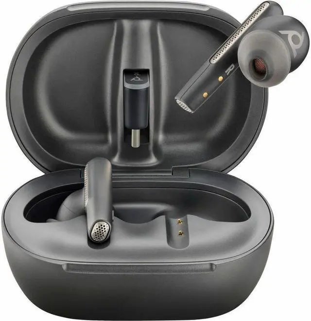 Alt view image 2 of 7 - Poly Voyager Free 60+ UC Carbon Black Earbuds +BT700 USB-C Adapter +Touchscreen Charge Case (7Y8G4AA)