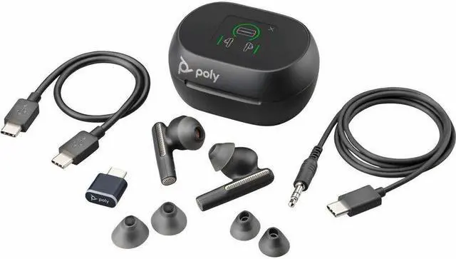 Alt view image 6 of 7 - Poly Voyager Free 60+ UC Carbon Black Earbuds +BT700 USB-C Adapter +Touchscreen Charge Case (7Y8G4AA)