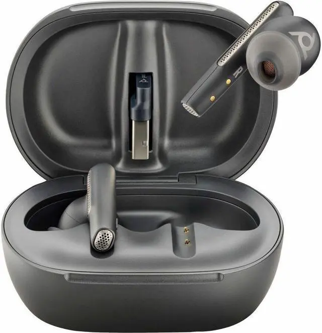 Alt view image 3 of 7 - Poly Voyager Free 60+ UC Carbon Black Earbuds +BT700 USB-C Adapter +Touchscreen Charge Case (7Y8G4AA)