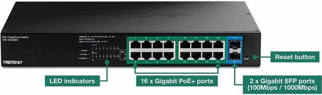 Alt view image 9 of 13 - TRENDnet 18-Port Gigabit EdgeSmart PoE+ Switch, TPE TG182ES, 240W PoE Power Budget, 16 x Gigabit PoE+ Ports, 2 x Gigabit SFP Ports, Managed Network Ethernet Switch, Lifetime Protection, Black