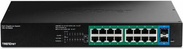 Alt view image 10 of 13 - TRENDnet 18-Port Gigabit EdgeSmart PoE+ Switch, TPE TG182ES, 240W PoE Power Budget, 16 x Gigabit PoE+ Ports, 2 x Gigabit SFP Ports, Managed Network Ethernet Switch, Lifetime Protection, Black