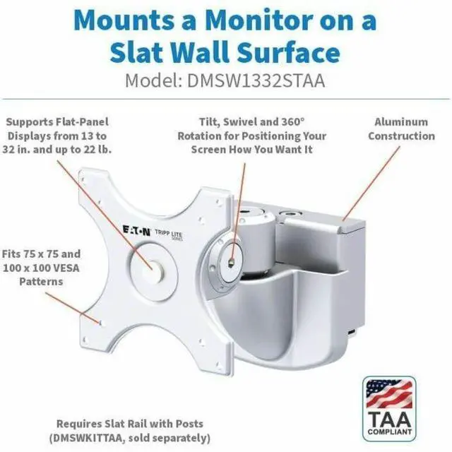 Alt view image 4 of 8 - Eaton Tripp Lite Series Monitor Mount for Slat Wall System, 13“ to 32“ Displays, TAA (DMSW1332STAA)