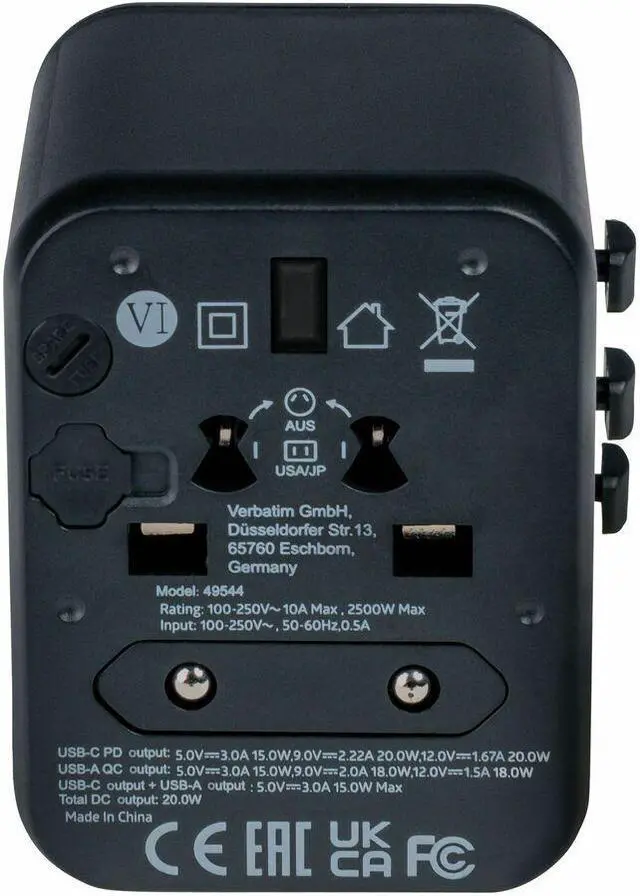 Alt view image 6 of 8 - Verbatim UTA-02 Universal Travel Adapter 20W - USB -C, USB-A - 120 V AC, 230 V AC Input - 5 V DC/10 A, 9 V DC, 12 V DC Output