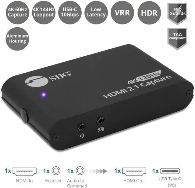 Alt view image 2 of 8 - SIIG 4K120Hz HDMI 2.1 Capture Device for Gaming and Streaming - 4K60Hz Capture - 4K 120Hz/144Hz Loopout - USB-C 10Gbps - TAA Compliant - 4K120Hz HDMI 2.1 Capture Device for Gaming and Streaming - Easi