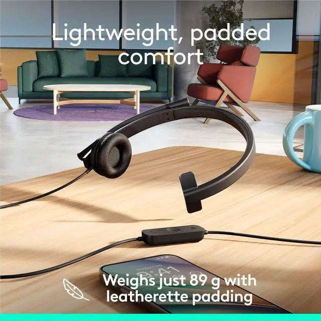 Alt view image 4 of 7 - Logitech H570e USB Headset With Microphone for PC and Mac, USB-C Wired Headset With Mono Sound, Noise-Canceling Mics and Inline Controls, Certified for Microsoft Teams, Black - Microsoft Teams Certifi